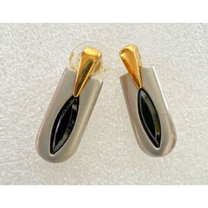 Signed David Grau Modernist Earrings Tri Tone Brushed Silver Black Gold Pierced